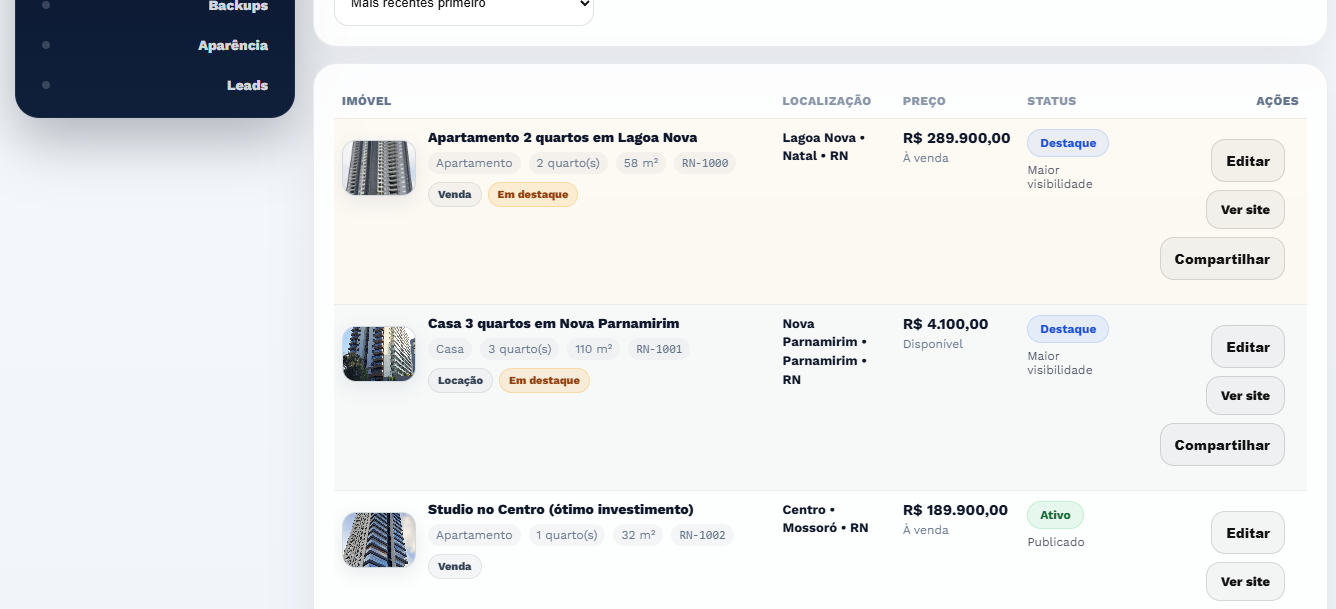 Lista de imóveis da operação