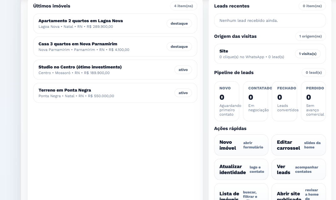Leads e ações comerciais do painel